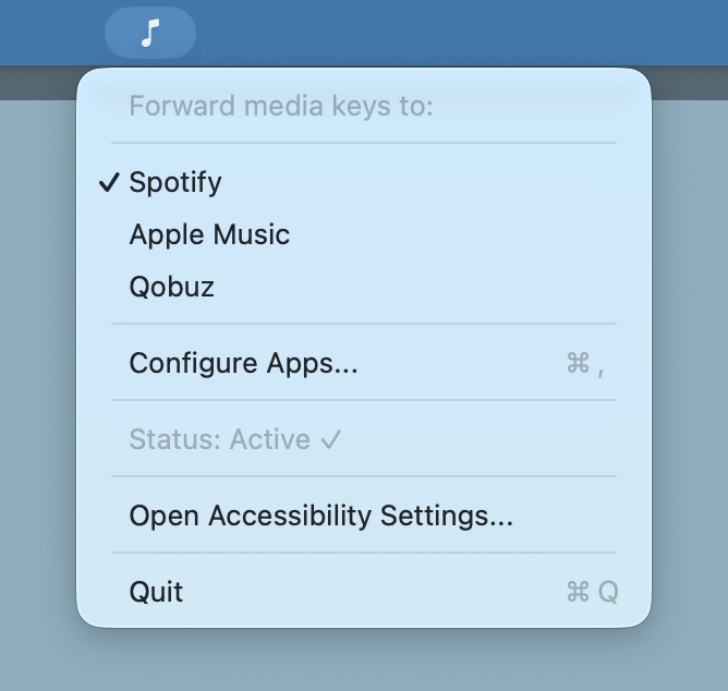Mac Media Keys Forwarder menu bar dropdown showing media app selection